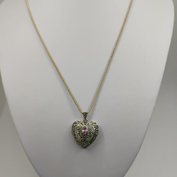 Locket with Marcasite and Pink CZ in Sterling Silver on a 28-in Danecraft Chain - Picture 6 of 7